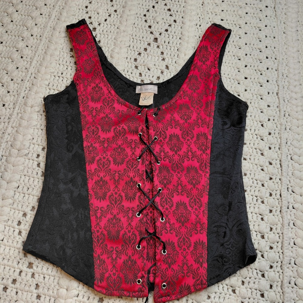 Vtg Charlotte Russe Corset Shirt Red Black Lace Up Front‎ Zip Back Goth Vamp Y2K - Picture 2 of 8